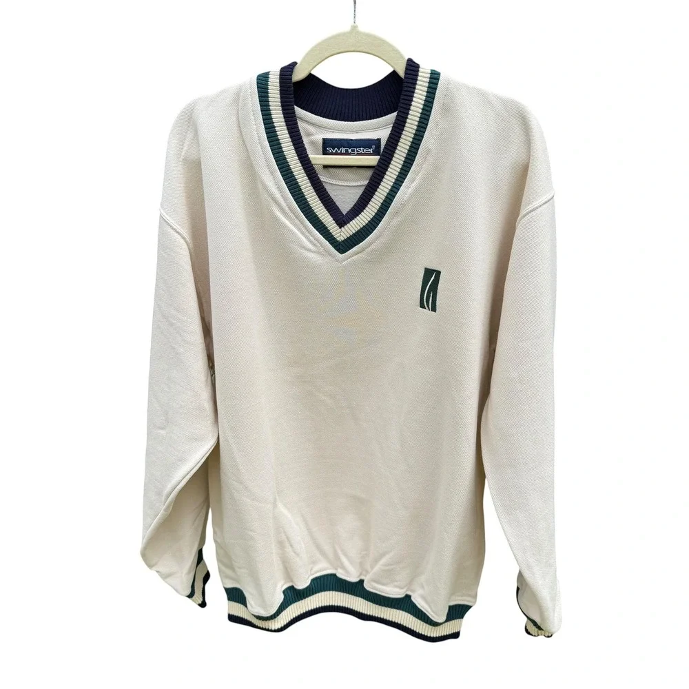Swingster Vintage Mens V-Neck Sweatshirt Cream Collegiate Striped Large USA